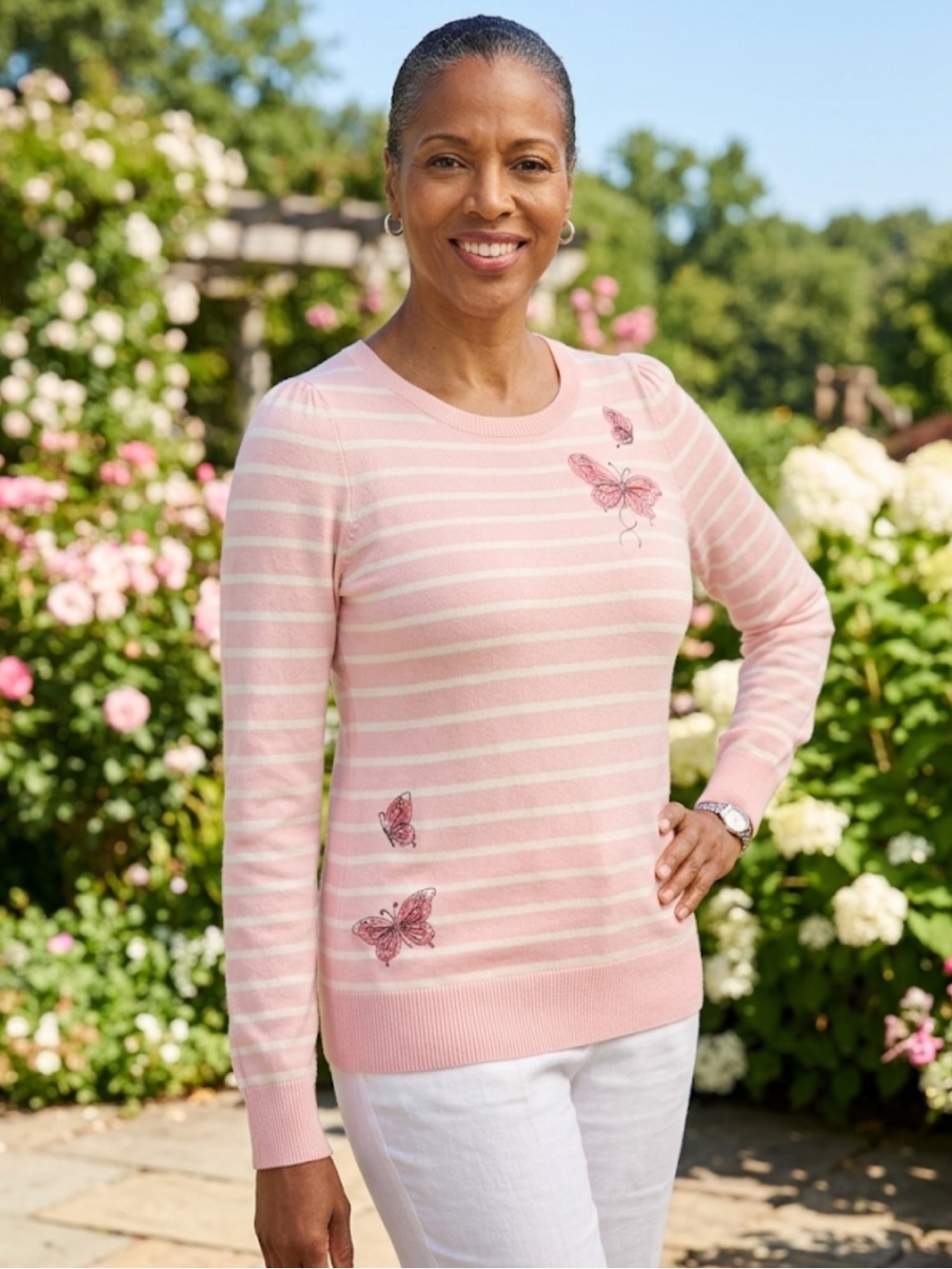 94 Talbots Butterfly Embroidered Sweater – Size L | Pink Stripes | Cottagecore